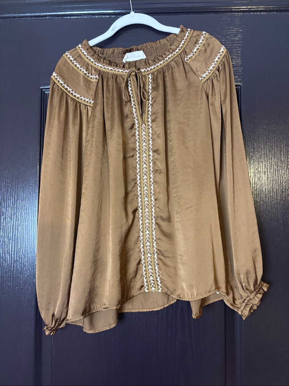 Brown Embroidered Peasant Blouse - Unbranded